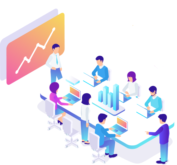 A group of individuals are gathered around a table with cryptocurrency symbols displayed atop it.